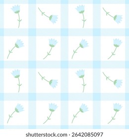 Flowers on Fabric pattern, blue checkered pattern, gift wrapping paper , seamless pattern 