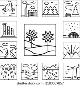 flowers on the field outline icon in a collection with other items