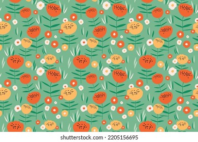 Flowers on a field seamless vector pattern. Red and yellow flowers on a green background. Spring easter floral design.