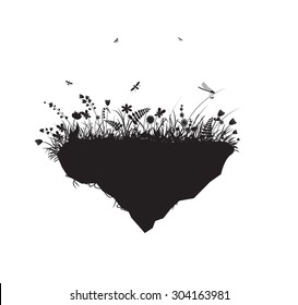 flowers on a flying rock, summer in the wonderland, shadow, vector