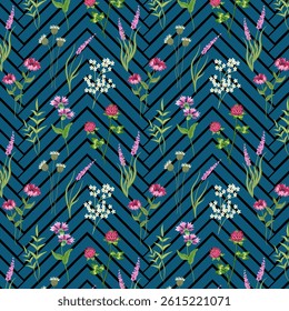 Flowers on geometric shapes.Vector seamless pattern with beautiful flowers on a gray parquet background.