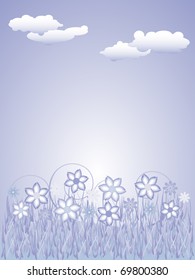 Flowers on the grass field with copy space for your text - blue toned