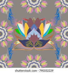 Flowers on gray, blue and pink colors. Vector illustration. In asian textile style. Vector illustration. Seamless flowers pattern.
