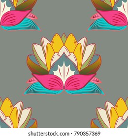 Flowers on gray, blue and pink colors. Flourish ornamental spring garden texture. Vector illustration. Floral pattern. Flower seamless on gray, blue and pink colors.