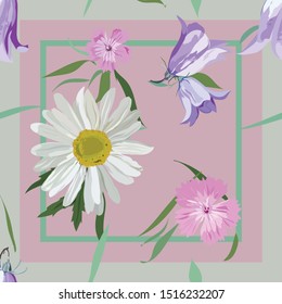 
Flowers on a gray - pink background with a green frame. Lilac bells, daisies, clusters. Wallpaper, card, congratulations, design element. Stylish postcard in calm natural shades. 