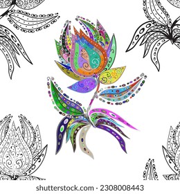 Flowers on gray, white and neutral colors. Floral seamless pattern background, with strokes and splashes, summer flowers. Vector illustration.
