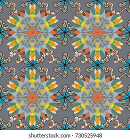 Flowers on gray, yellow and orange colors. Floral pattern. Vector illustration. Flower seamless on gray, yellow and orange colors. Flourish ornamental spring garden texture.