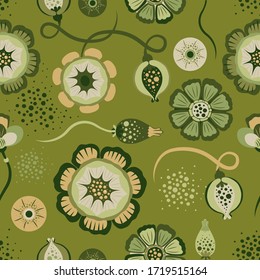 Flores sobre un fondo verde. Ilustración geométrica vectorial para su diseño.