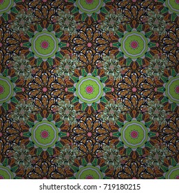 Flowers on green, black and orange colors. Seamless Floral Pattern in Vector illustration.