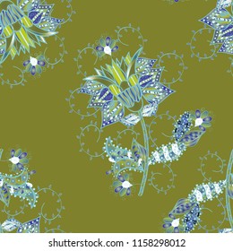 Flowers on green, blue and neutral colors. Cute Floral pattern in the small flower.