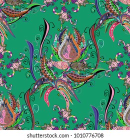 Flowers on green, neutral and black colors. Colour Spring Theme seamless pattern Background. Floral seamless pattern background, summer flowers. Flat Flower Elements Design.