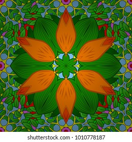 Flowers on green, orange and blue colors. Seamless Floral Pattern in Vector illustration.