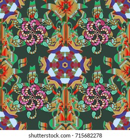 Flowers on green, orange and neutral background. Fabric pattern texture daisy flowers detail.