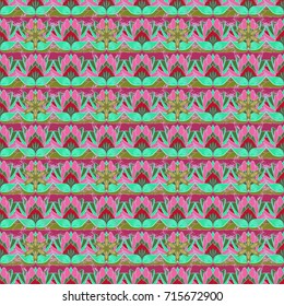 Flowers on green, pink and brown background. Vector floral pattern in doodle style with flowers. Gentle, tender floral background.