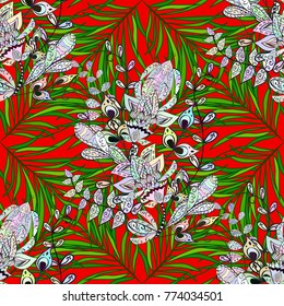 Flowers on green, red and neutral colors in watercolor style. Watercolor seamless pattern. Floral print.