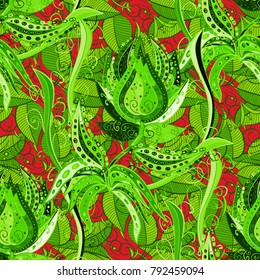Flowers on green, red and neutral colors. Vector flat flowers seamless pattern. Design gift wrapping paper, greeting cards, posters and banner design.