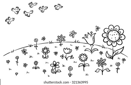 Flowers on a hill and flying birds, can be used as a pattern or background