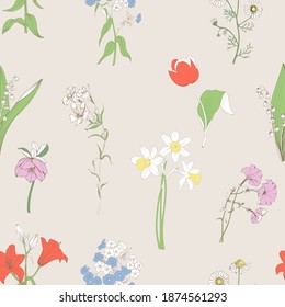 Flowers on ivory background seamless pattern. Lilies, Phlox, lilies of the valley, winter roses, petunias and Phlox in vector drawing.