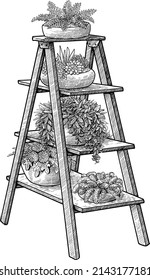 Flowers on a ladder illustration, drawing, engraving, ink, line art, vector