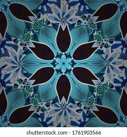 Flowers on neutral, brown and blue colors. Seamless pattern with flower. Flat Flower Elements Design. Colour Spring Theme seamless pattern Background.