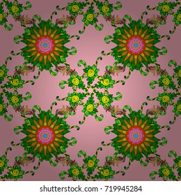 Flowers on neutral, green and yellow. Seamless background pattern. Watercolor, hand drawn. Vector stock.