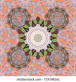 Flowers on neutral, orange and blue colors. Flat Flower Elements Design. Colour Summer Theme seamless pattern Background. Seamless Floral Pattern in Vector illustration.