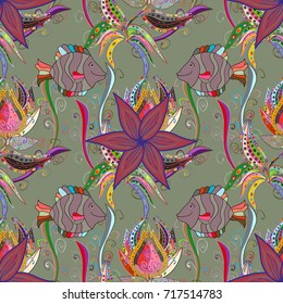 Flowers on neutral, pink and red colors. Vector floral pattern in doodle style. Gentle, summer floral background.