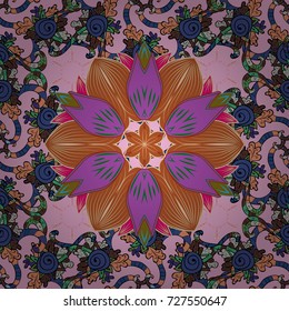 Flowers on neutral, violet and orange colors. Vector illustration. Floral seamless pattern background, with strokes and splashes, summer flowers.