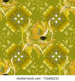 Flowers on neutral, yellow and green background. Flourish ornamental spring garden texture. Vector illustration. Floral pattern. Flower seamless on neutral, yellow and green background.