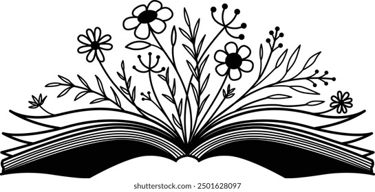 Flowers on opened book with editable strokes. Vector illustration.