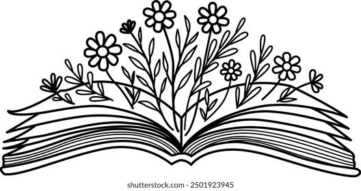 Flowers on opened book with editable strokes. Vector illustration.