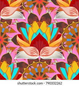 Flowers on orange, brown and yellow colors in watercolor style. Seamless floral pattern with flowers on orange, brown and yellow colors.