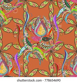 Flowers on orange, green and pink colors. Vector illustration. Floral seamless pattern background, with strokes and splashes, summer flowers.