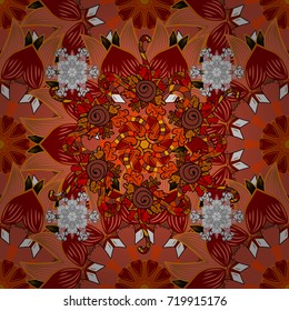 Flowers on orange, red and brown colors. Hand painted watercolor allover seamless flowers and plants.