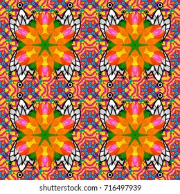 Flowers on orange, yellow and black colors. Seamless Colour Spring Theme seamless pattern Background. Cute flower vector pattern. Flat Flower Elements Design.