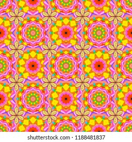 Flowers on orange, yellow and pink colors. Vector flat flowers seamless pattern. Design gift wrapping paper, greeting cards, posters and banner design.