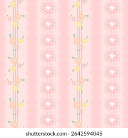 Flowers on pink background, fabric pattern, pink lines, gift wrapping paper, seamless pattern 