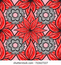 Flowers on pink, gray and red colors. Vector illustration. Seamless pattern with floral ornament.