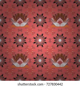 Flowers on pink, neutral and orange colors. Vector illustration. Seamless flowers pattern. In asian textile style. Colour Spring Theme seamless pattern Background. Flat Flower Elements Design.