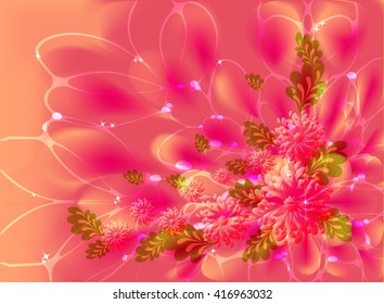 Flowers on pink and orange  background with web, dew and stars. EPS10 vector illustration 