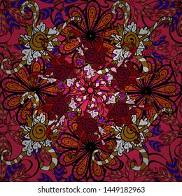 Flowers on pink, orange and black colors. Seamless flowers pattern. Vector illustration. Vector illustration. In asian textile style.