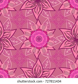 Flowers on pink, purple and magenta colors in watercolor style. Seamless floral pattern with flowers on pink, purple and magenta colors.