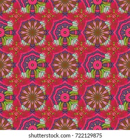 Flowers on pink, red and brown colors. Vector flat flowers seamless pattern. Design gift wrapping paper, greeting cards, posters and banner design.