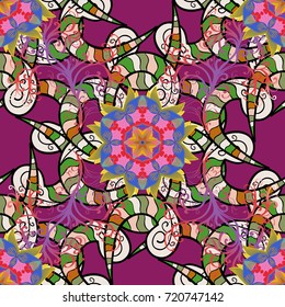 Flowers on purple, beige and black colors. Nice flower vector pattern. Flat Flower Elements Design. Colour Spring Theme seamless pattern Background.