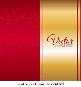 Flowers on a red background. Text on a gold ribbon
