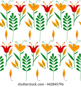 Flowers on red background. Yellow, red flowers and green leaves seamless vector pattern for wallpaper, web page background, textile design, graphic design.