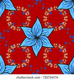 Flowers on red, blue and gray colors. Fabric pattern texture daisy flowers detail.
