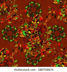 Flowers on red, green and brown colors. Flourish ornamental spring garden texture. Flower seamless on red, green and brown colors. Floral pattern. Vector illustration.