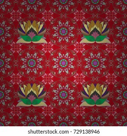 Flowers on red, green and neutral colors. Vector flat flowers seamless pattern. Design gift wrapping paper, greeting cards, posters and banner design.