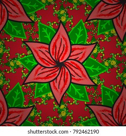 Flowers on red, green and pink colors. Colour Summer Theme seamless pattern Background. Seamless retro pattern with flowers. Flat Flower Elements Design.
